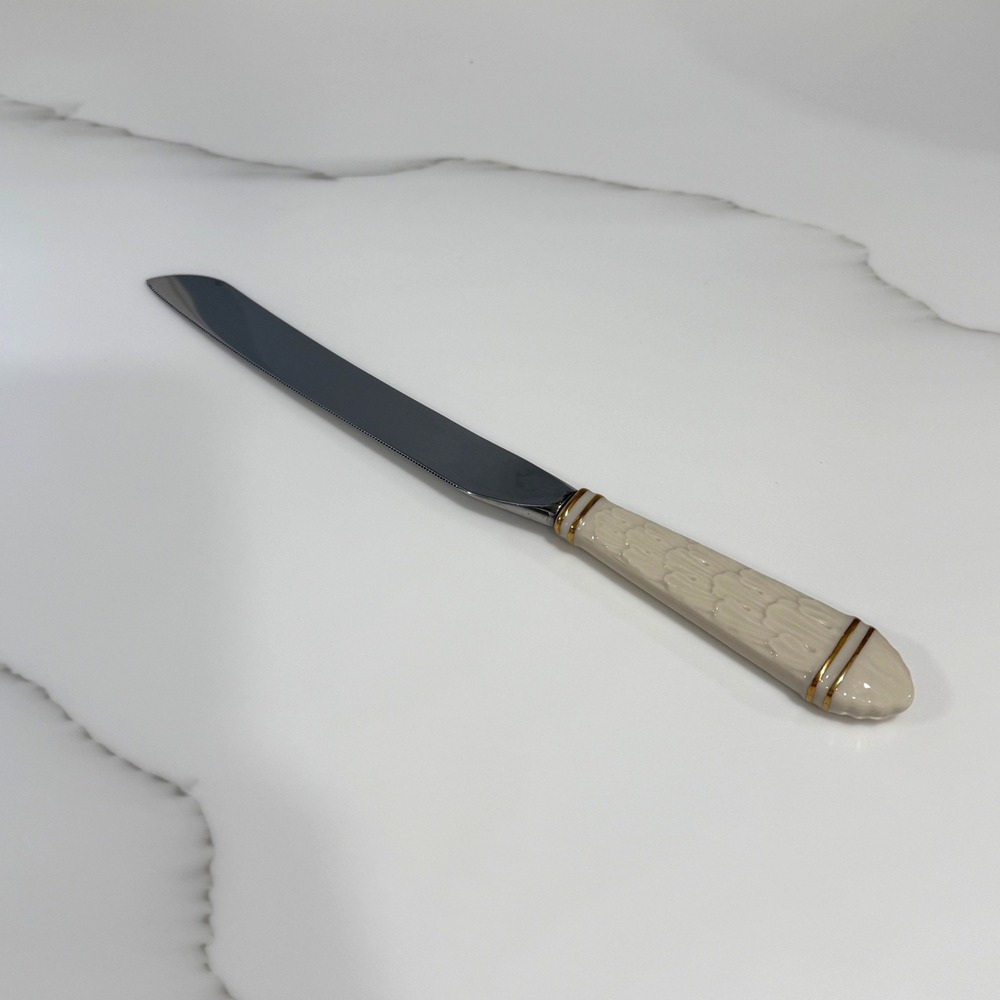 VTG Sheffield Stainless England Porcelain Handled Wedding Cake Knife Gold Trim